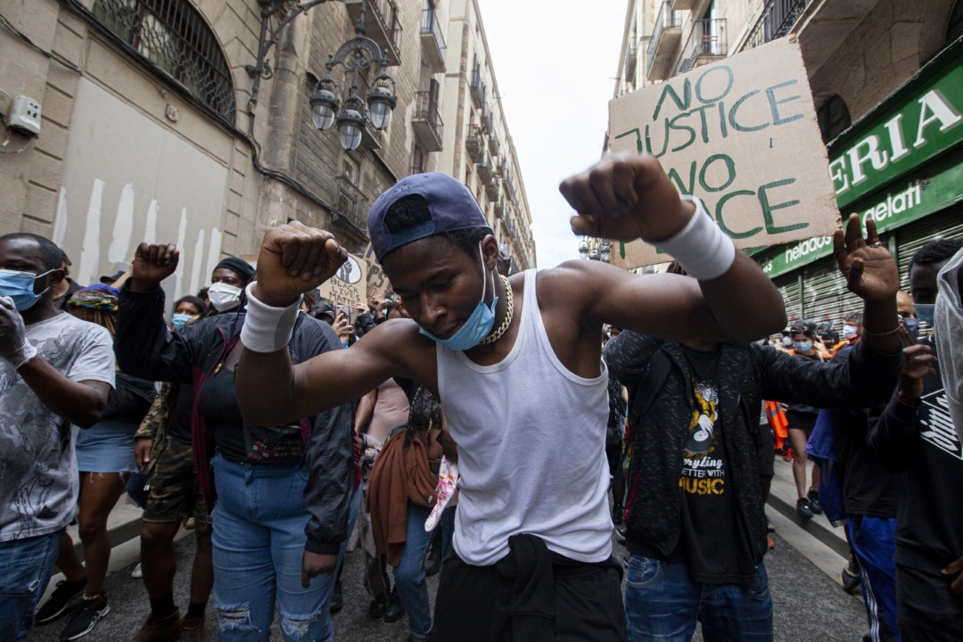 Protesters in the Square Sant Jaume of Barcelona denouncing the murder of George Floyd, against racism and police brutality. June 7, 2020; Barcelona.